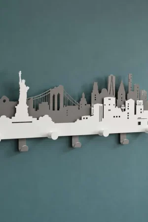 Appendiabiti da parete moderno con skyline di New York in metallo con 7 ganci Prezzo Conveniente