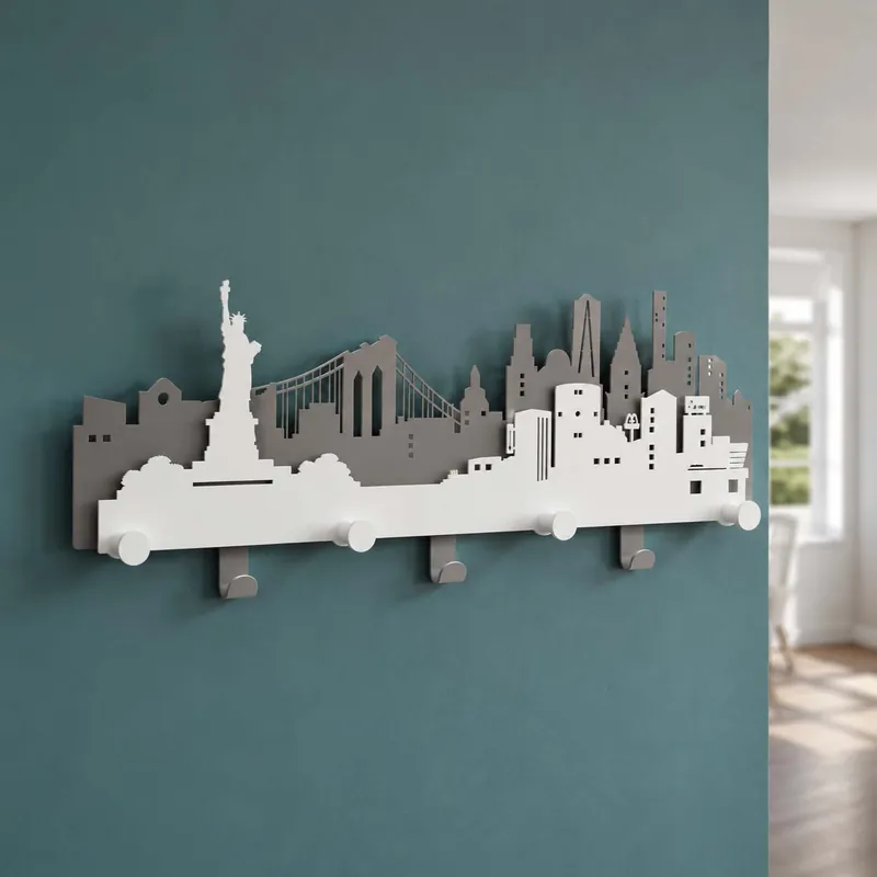 Appendiabiti da parete moderno con skyline di New York in metallo con 7 ganci Prezzo Conveniente