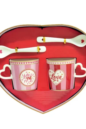 Saldi Set 2 tazzine da caffè con piattino con cuore e cucchiaini