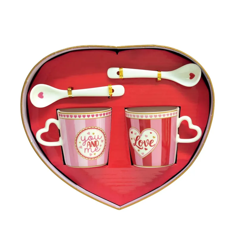 Saldi Set 2 tazzine da caffè con piattino con cuore e cucchiaini