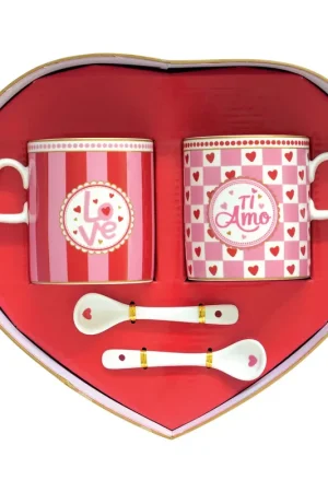 Offerta Lampo Set 2 tazze con manico, piattino con cuore e cucchiaini
