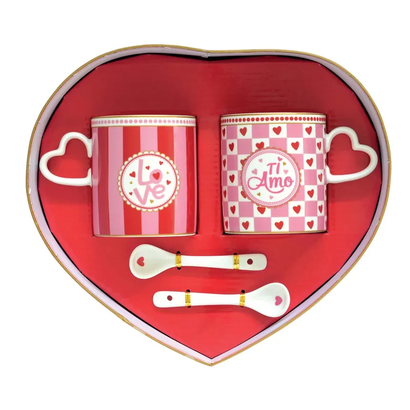 Offerta Lampo Set 2 tazze con manico, piattino con cuore e cucchiaini