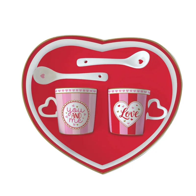 Set 2 tazzine da caffè con piattino con cuore e cucchiaini Occasione