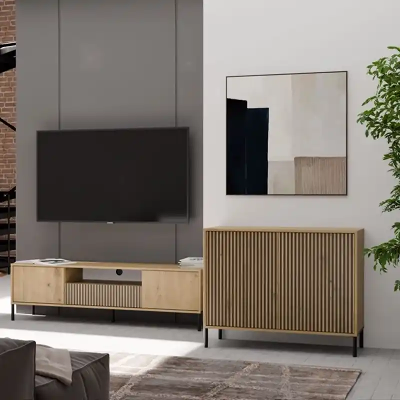 Offerta Limitata Credenza madia moderna 2 ante cannettato 103,5xH82,5 rovere nero Juca