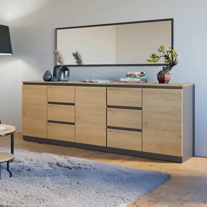 Offerta Lampo Credenza madia moderna 200xH75 3 ante 6 cassetti quercia antracite Clara