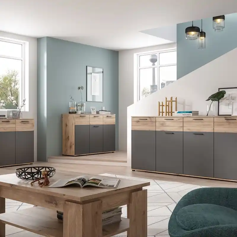 Pagamento Sicuro Credenza madia moderna 3 ante 1 cassetto 120xH87 rovere antracite Marley