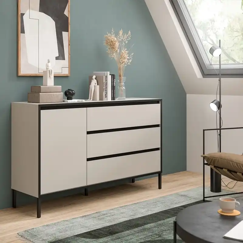 Compra Oggi Stesso Credenza madia moderna cassettiera 3 cassetti 1 anta design 136xH83 beige nero Edena