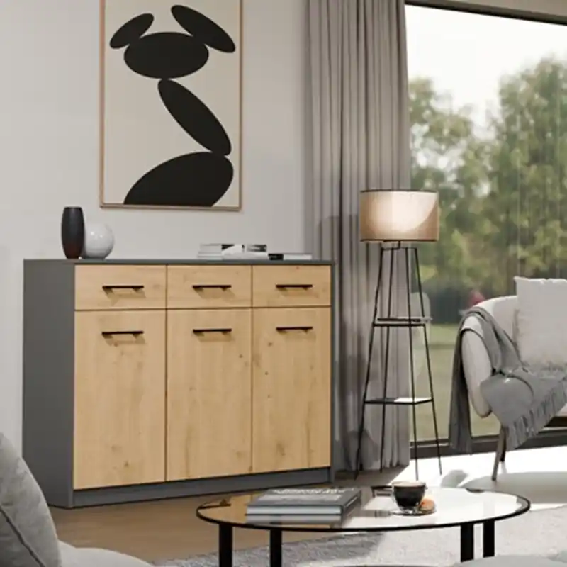 Credenza madia moderna salotto 109xH85 3 ante 3 cassetti rovere antracite Modulo Promozione