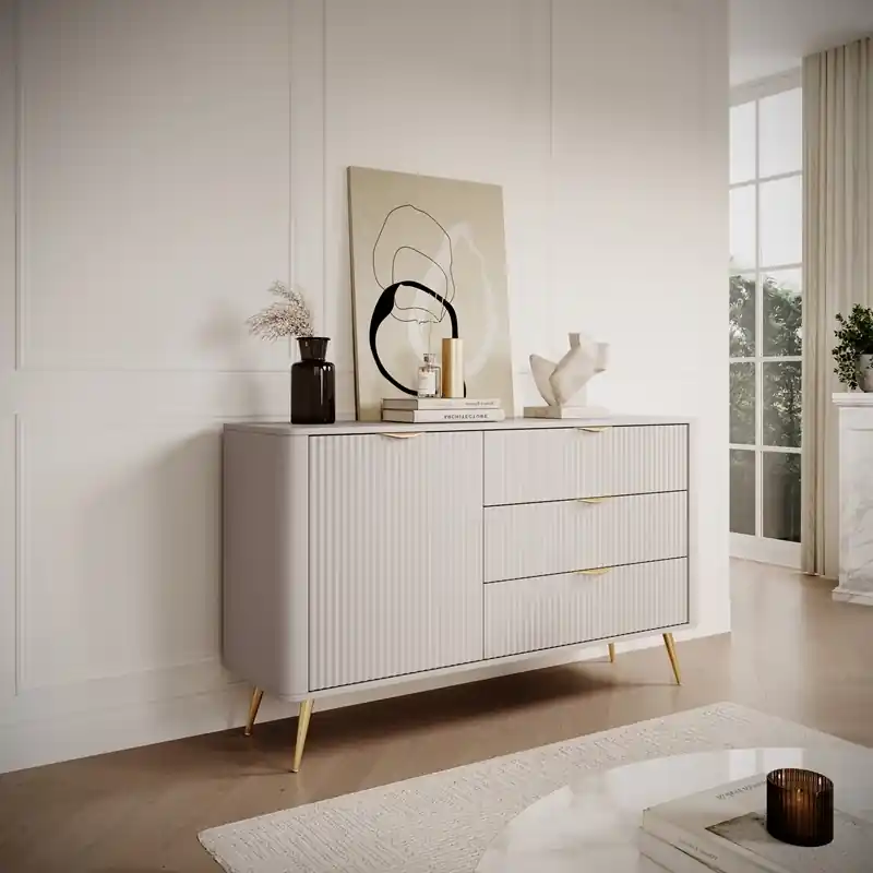 Quantità Limitata Credenza madia moderna soggiorno 1 anta 3 cassetti 138xH81 beige Clio