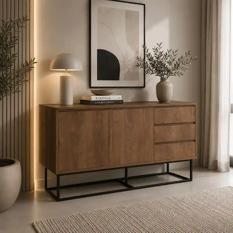 Credenza madia moderna soggiorno 140xH72 cm noce metallo nero Orvian Più Venduto