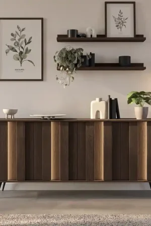 Acquista Ora Credenza madia moderna soggiorno 4 ante led 183xH83 rovere scuro nero Gaia