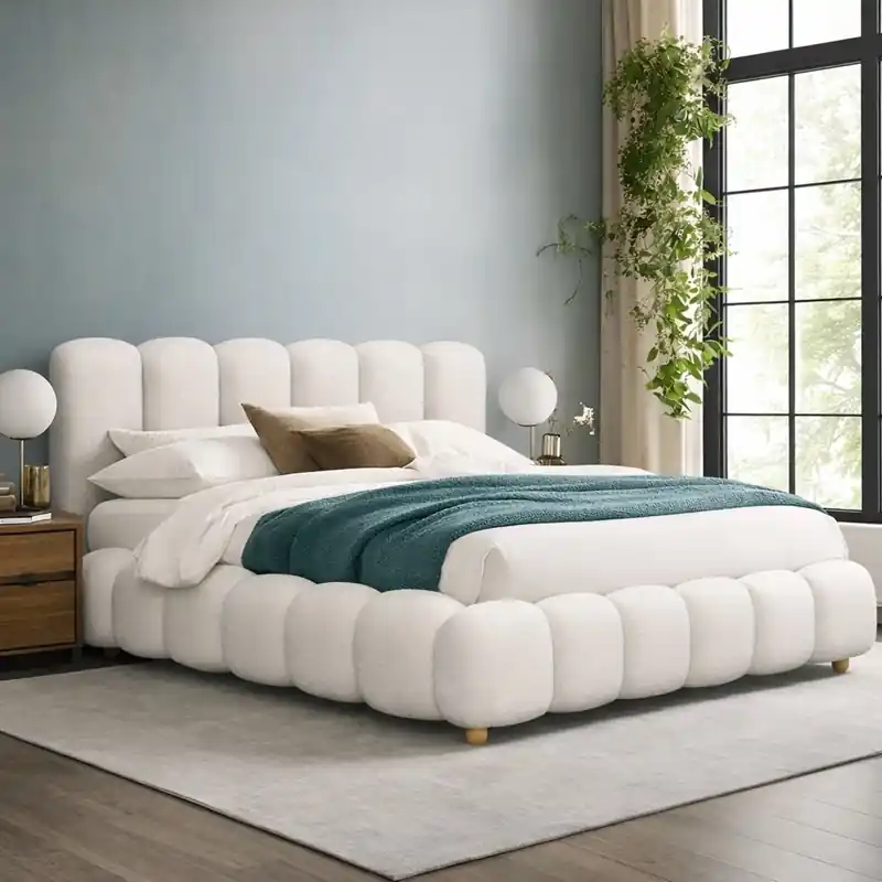 Spedito Oggi Letto matrimoniale contenitore imbottito rivestito in tessuto 160x200 crema bianco Dama