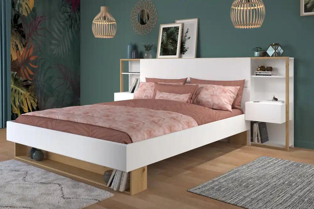 Pagamento Sicuro Letto matrimoniale contenitore moderno testiera attrezzata libreria comodini rovere bianco Zenko