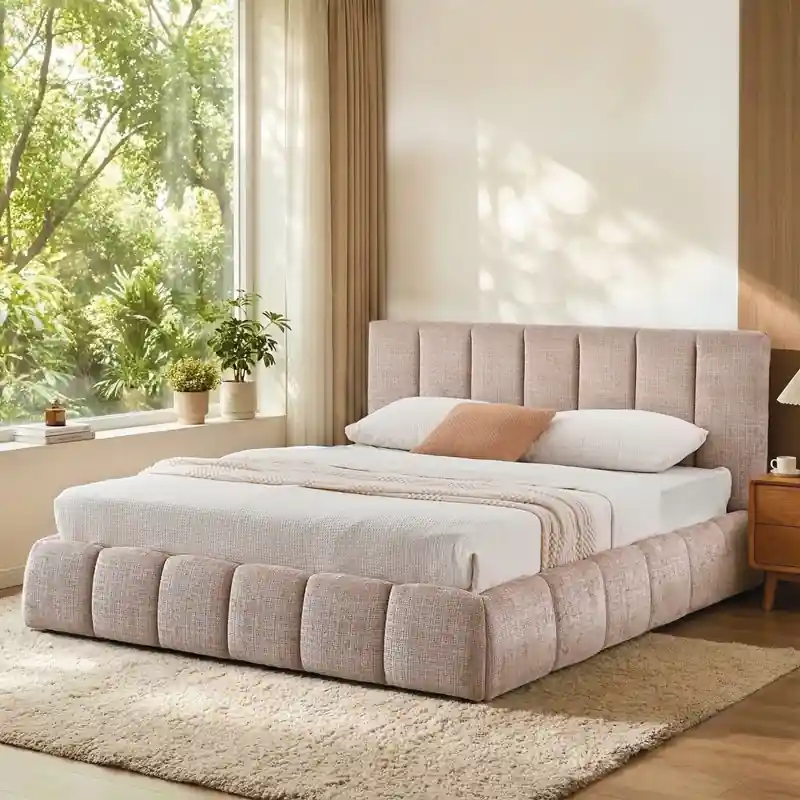 Letto matrimoniale imbottito rivestito in tessuto 160x200 beige Degen Prezzo Ridotto