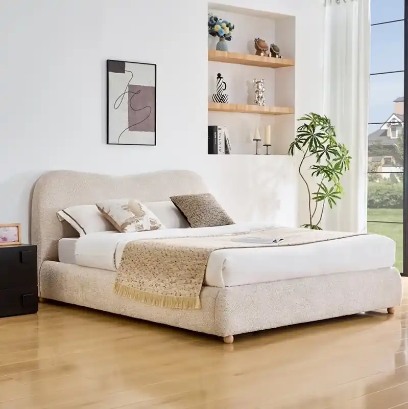 Economico Letto matrimoniale imbottito rivestito in tessuto 160x200 beige Lora