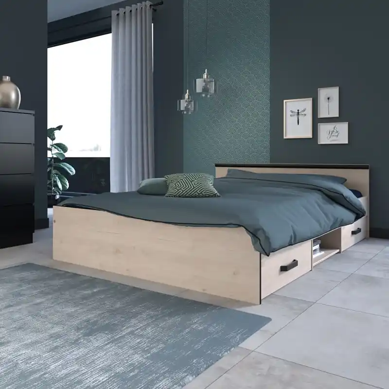 Letto matrimoniale moderno 160x200cm con cassettoni rovere nero Cairo Reso Gratuito
