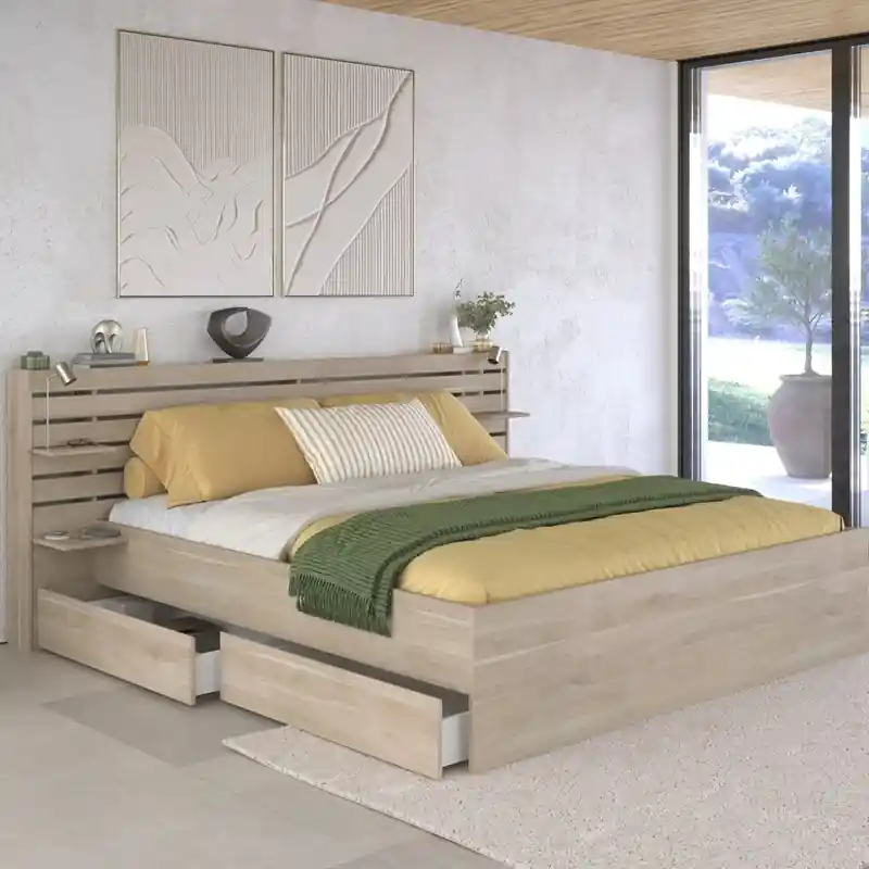 Letto matrimoniale moderno con cassettoni comodini 180x200 cm rovere Kung-Fu Consegna Rapida