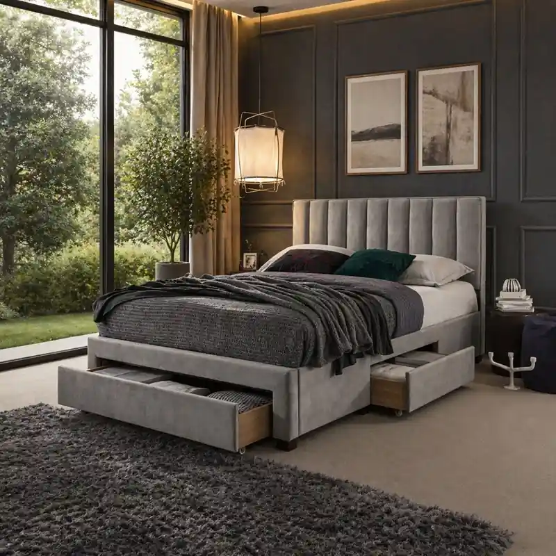 Promozione Esclusiva Letto matrimoniale moderno contenitore 160x200 cassettoni tessuto grigio cenere Tiva