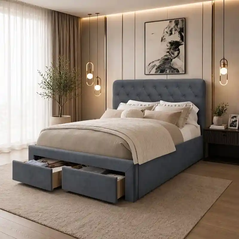 Più Venduto Letto matrimoniale moderno contenitore 160x200 cassettoni tessuto grigio Nara