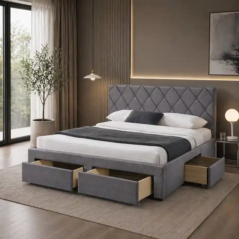 Letto matrimoniale moderno contenitore 160x200 cassettoni tessuto grigio Sova Vendita Finale