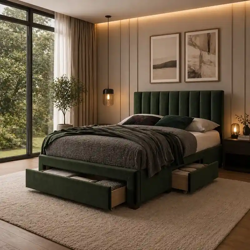 Promozione Esclusiva Letto matrimoniale moderno contenitore 160x200 cassettoni tessuto verde Tiva