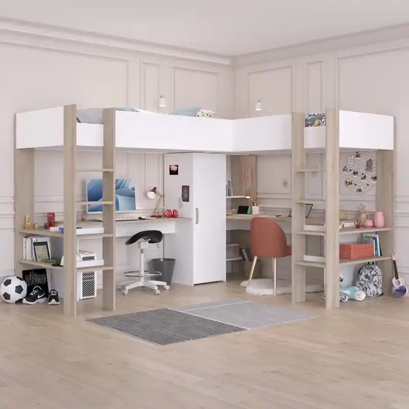 Letto moderno doppio a soppalco angolare 2 90x200 cm scrivanie bianco rovere Bis Compra Online