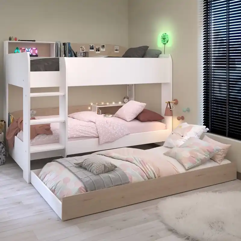 Letto moderno triplo a soppalco castello 3 posti cassettone 204xH156 rovere bianco Milly Consegna Rapida
