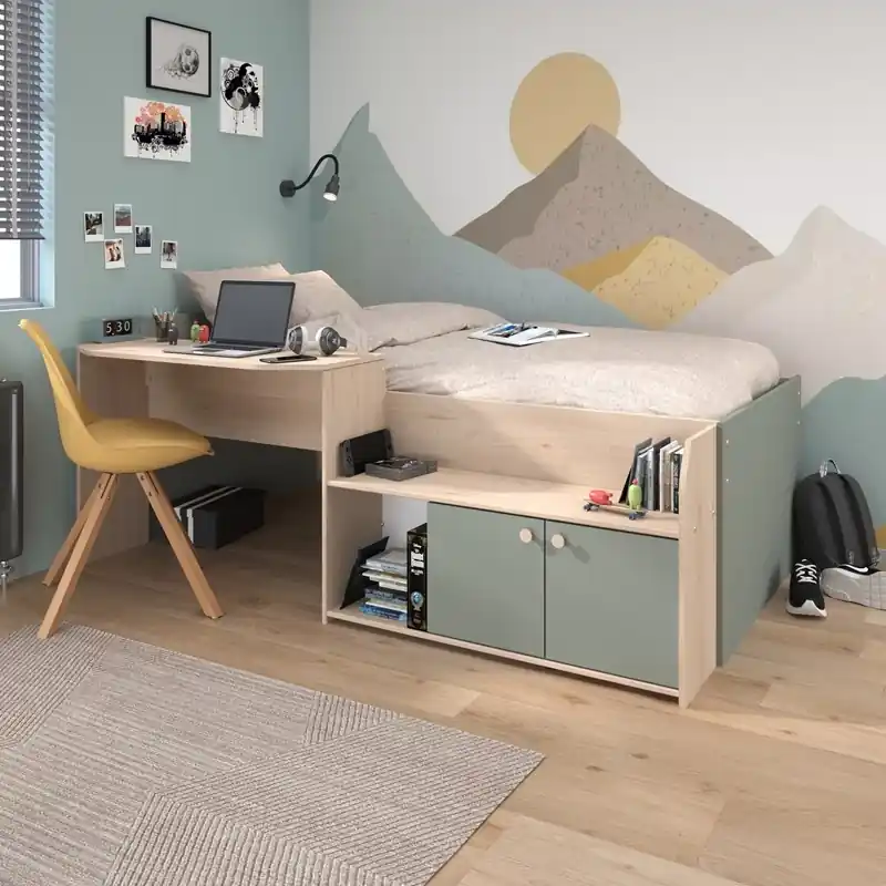 Direttamente Dal Produttore Letto singolo 90x190cm con cassetti e scrivania rovere verde Adrian