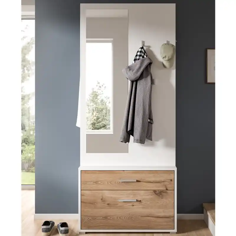 Promozione Mobile ingresso appendiabiti con specchio scarpiera 80xH190 bianco rovere Elyon