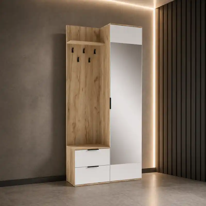 Economico Mobile ingresso moderno 100 cm specchio appendiabiti rovere bianco Nivea