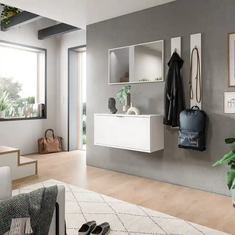 A Buon Prezzo Mobile ingresso moderno sospeso con specchio 130xH191 bianco lucido Olly