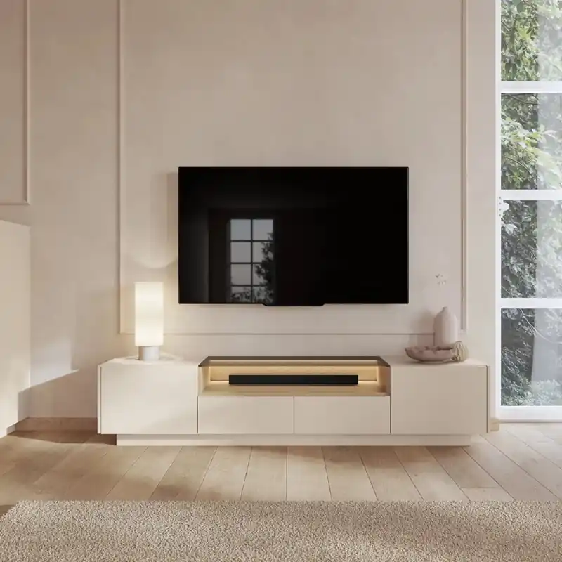 Mobile porta con led 2 ante 2 cassetti 1 ripiano a vista soggiorno TV 203x43H cm beige rovere Allison Di Tendenza