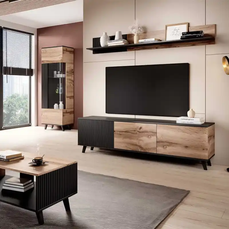 Prezzo Di Fabbrica Mobile porta tv design moderno industrial 180xH52 rovere nero Cristy