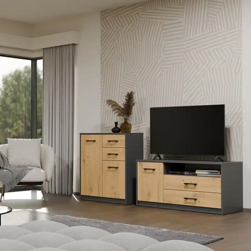 Offerta Lampo Mobile porta tv moderno 1 anta 2 cassetti 109xH53 rovere antracite Giova