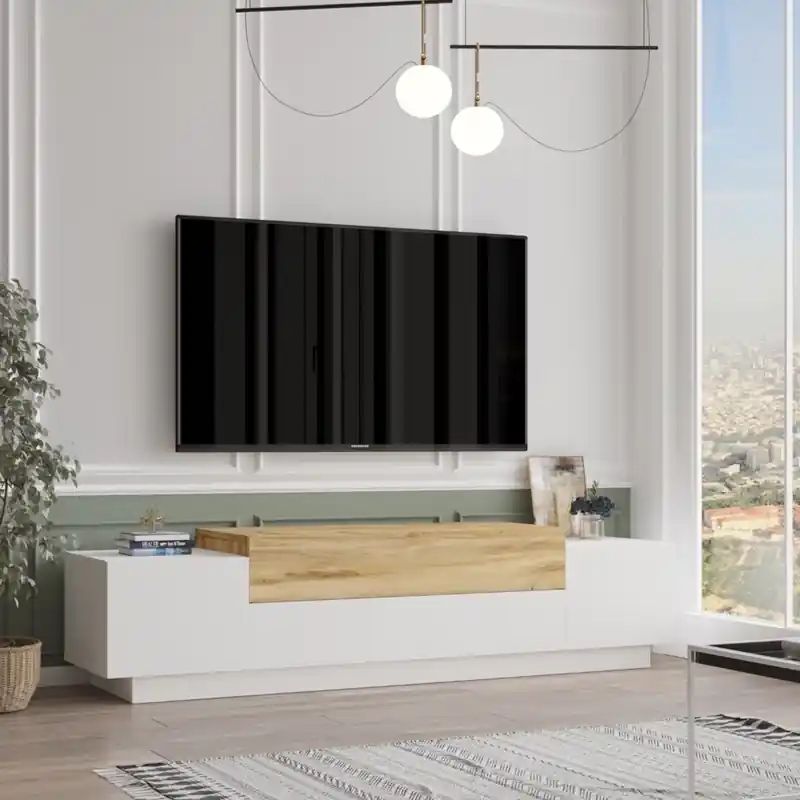 Economico Mobile porta tv moderno 160xH39 cm design bianco opaco rovere Megan
