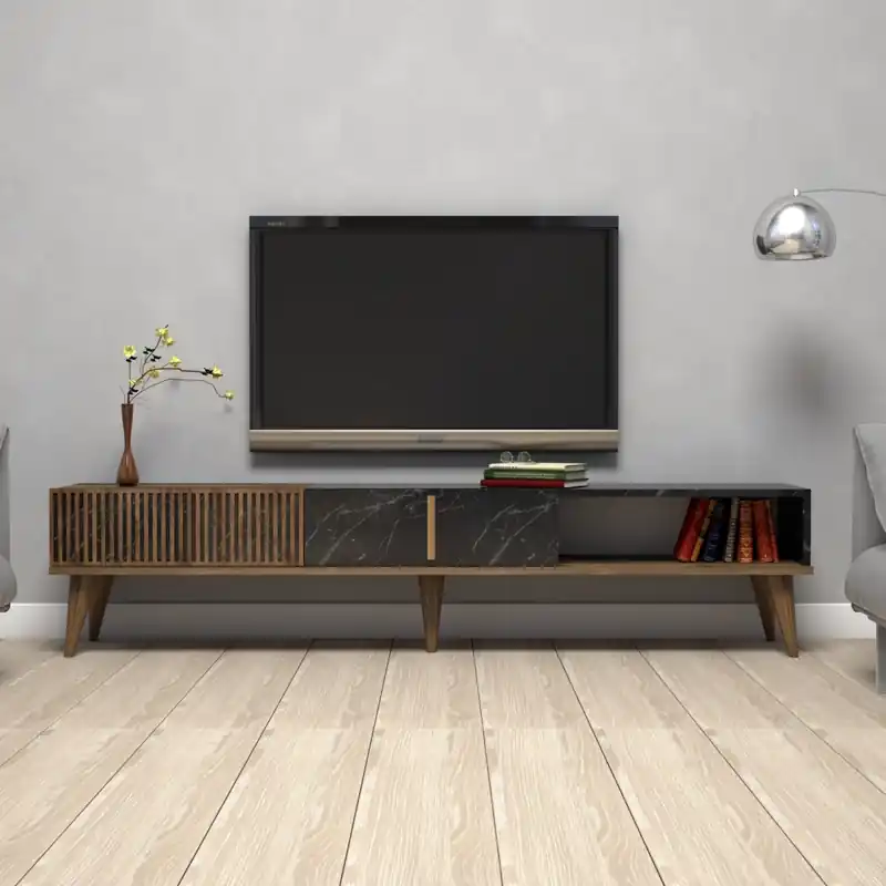 Mobile porta TV moderno design 180xH40cm noce marmo nero Marden Quantità Limitata