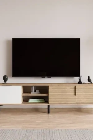 Acquista Ora Mobile porta TV moderno design 180xH49cm 3 ante rovere bianco Alvex