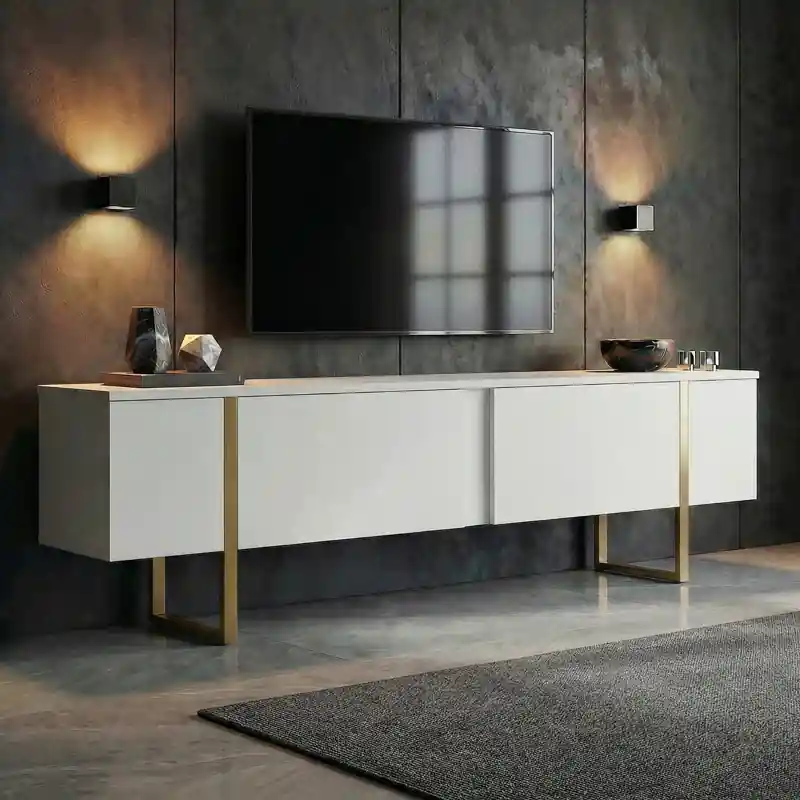 Mobile porta TV moderno design 180xH50cm bianco oro Zerick Consegna Rapida