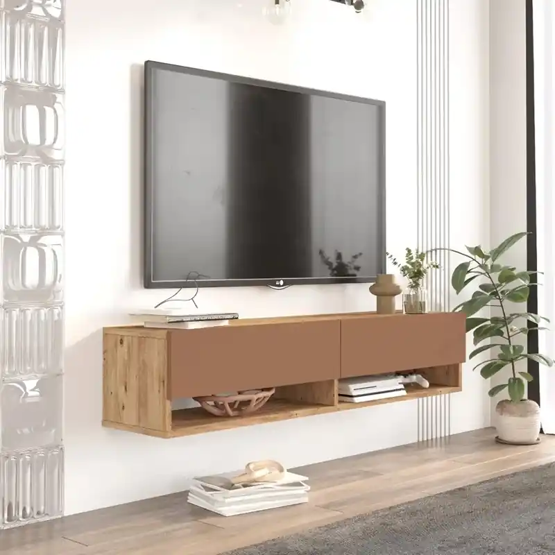 Esclusivo Mobile porta tv sospeso moderno design 140xH29 cm rovere mattone Sheldon-2
