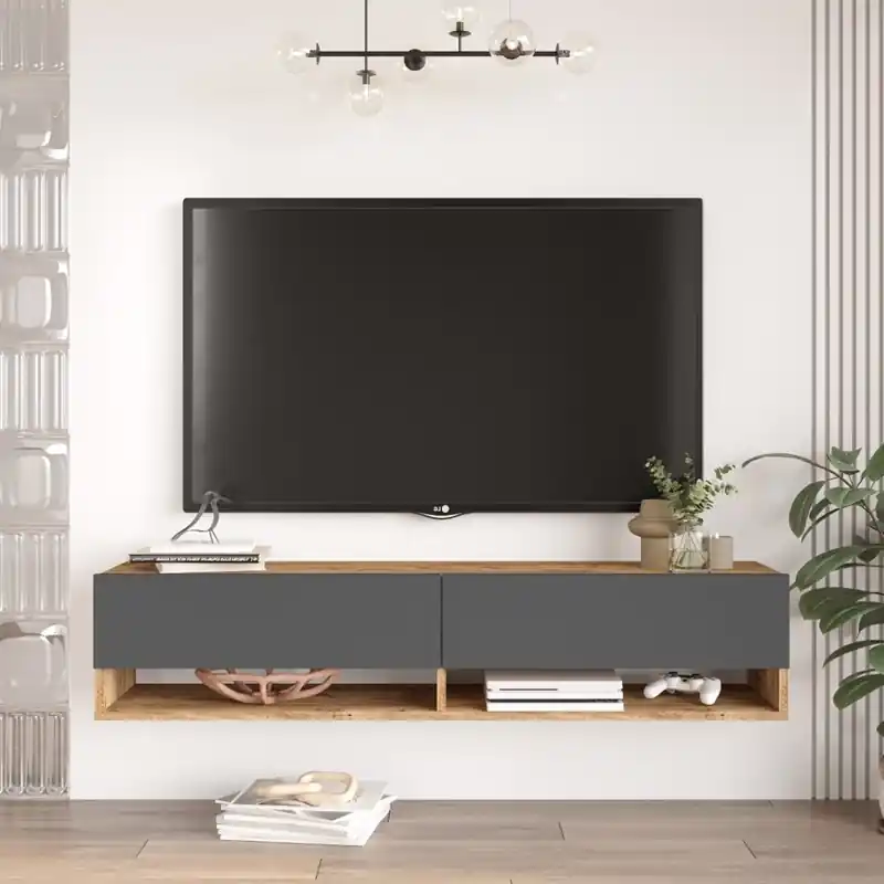 Mobile porta tv sospeso moderno design 140xH30 cm rovere antracite Natalia Esclusivo