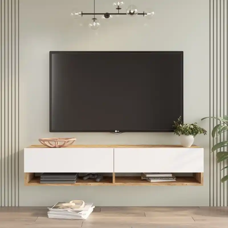 Mobile porta tv sospeso moderno design 140xH30 cm rovere bianco Natalia Promo Stagionale