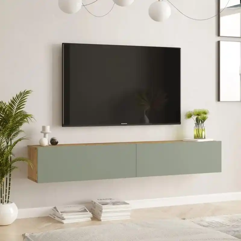 Spedito Oggi Mobile porta tv sospeso moderno design 180xH29 cm rovere verde Lenox-3