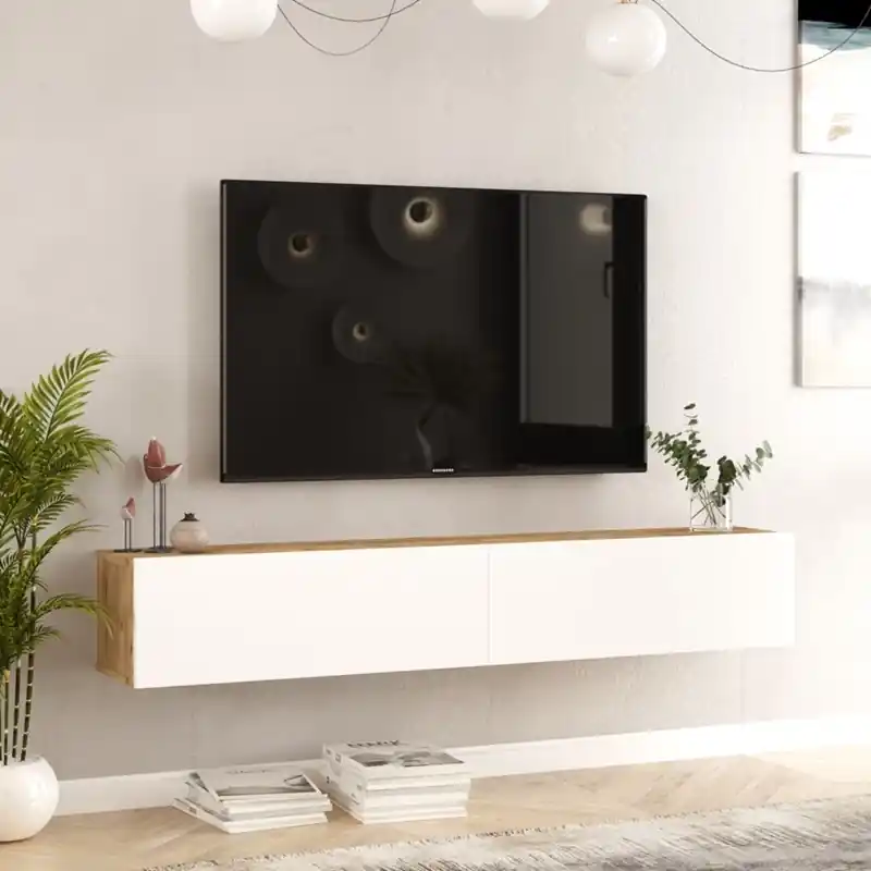 Prezzo Conveniente Mobile porta tv sospeso moderno design 180xH30 cm rovere bianco Sienna