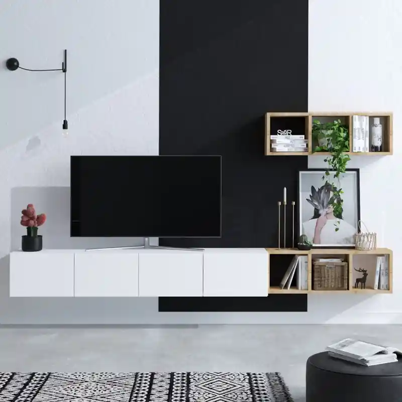Parete attrezzata moderna 215cm soggiorno bianco rovere Lioren Vendita Finale