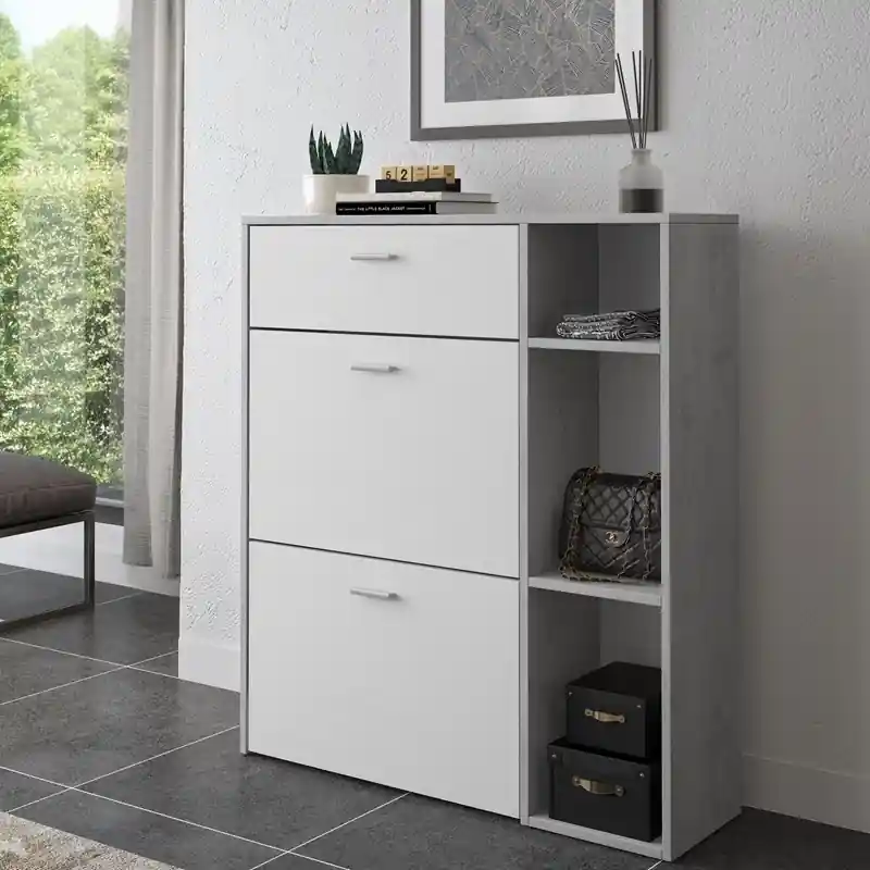 Scarpiera moderna ingresso 2 ante 1 cassetto 90xH102 bianco grigio cemento Toldo Economico
