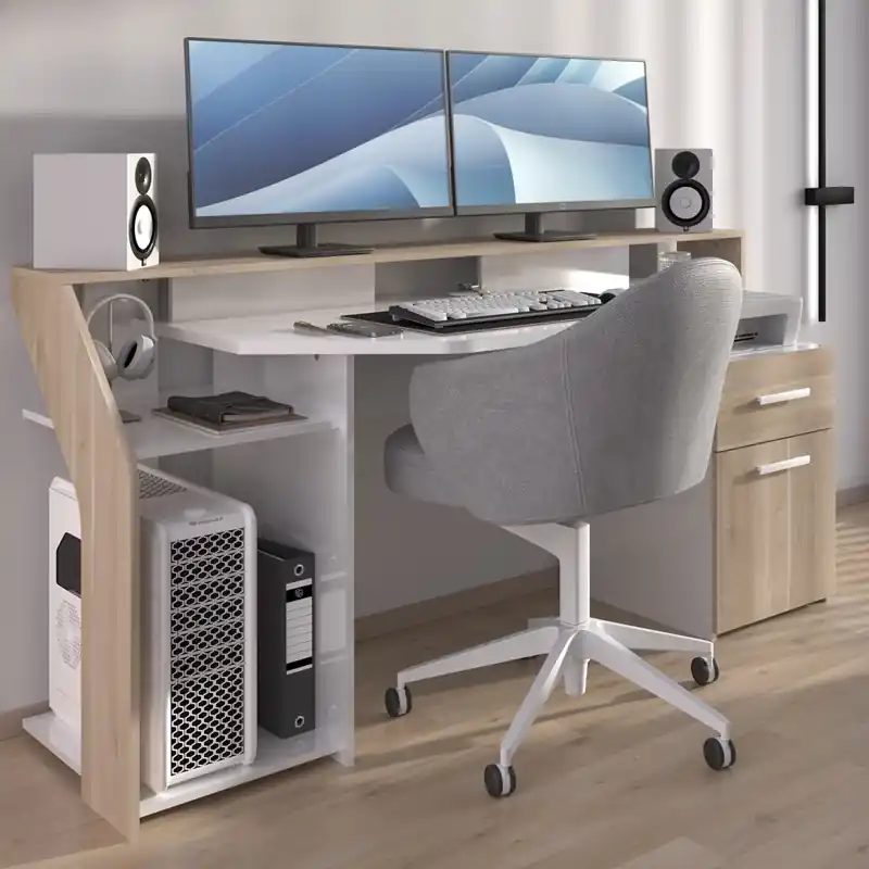 Spedizione Espresso Scrivania moderna attrezzata design L178xP68 cm bianco rovere led Vexa