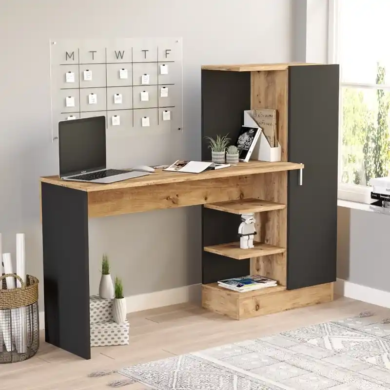 Scrivania moderna attrezzata libreria 1 anta ufficio 152xH120 cm rovere nero Daria Ultimissimo Modello