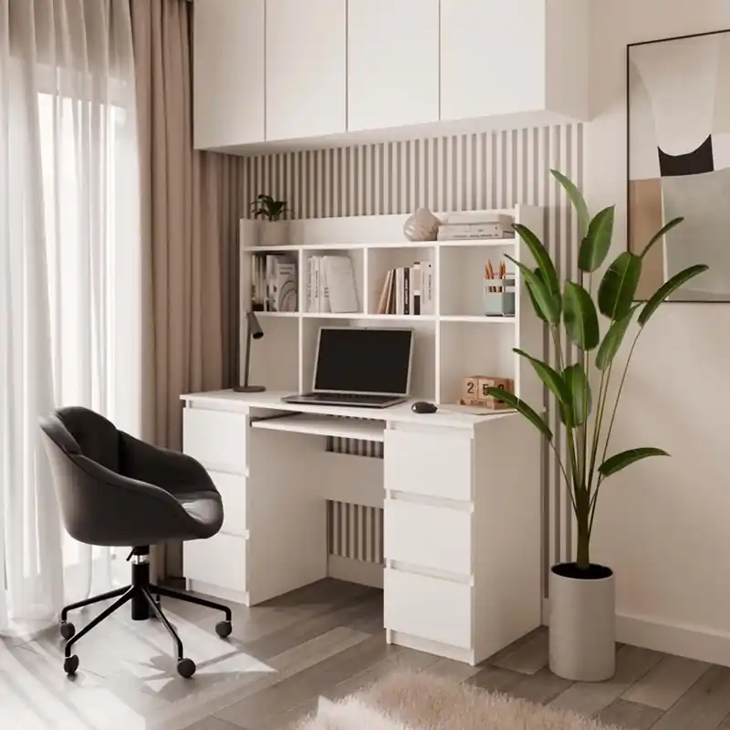 Scrivania moderna attrezzata libreria estraibile 6 cassetti ufficio 130xH146 cm bianco Detroit Novità