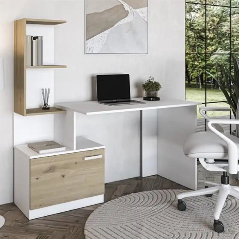 Scrivania moderna attrezzata libreria moderna 120xH75 ufficio bianco rovere Nico Prezzo Scontato