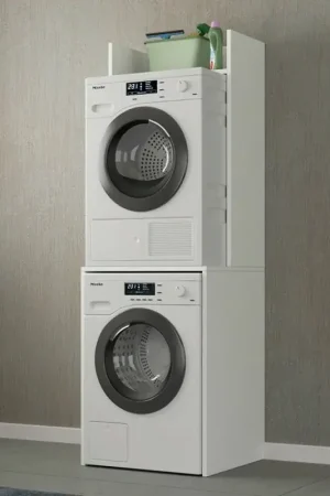 Mobile porta lavatrice e asciugatrice con rialzo in legno bianco Ultime Pezzi